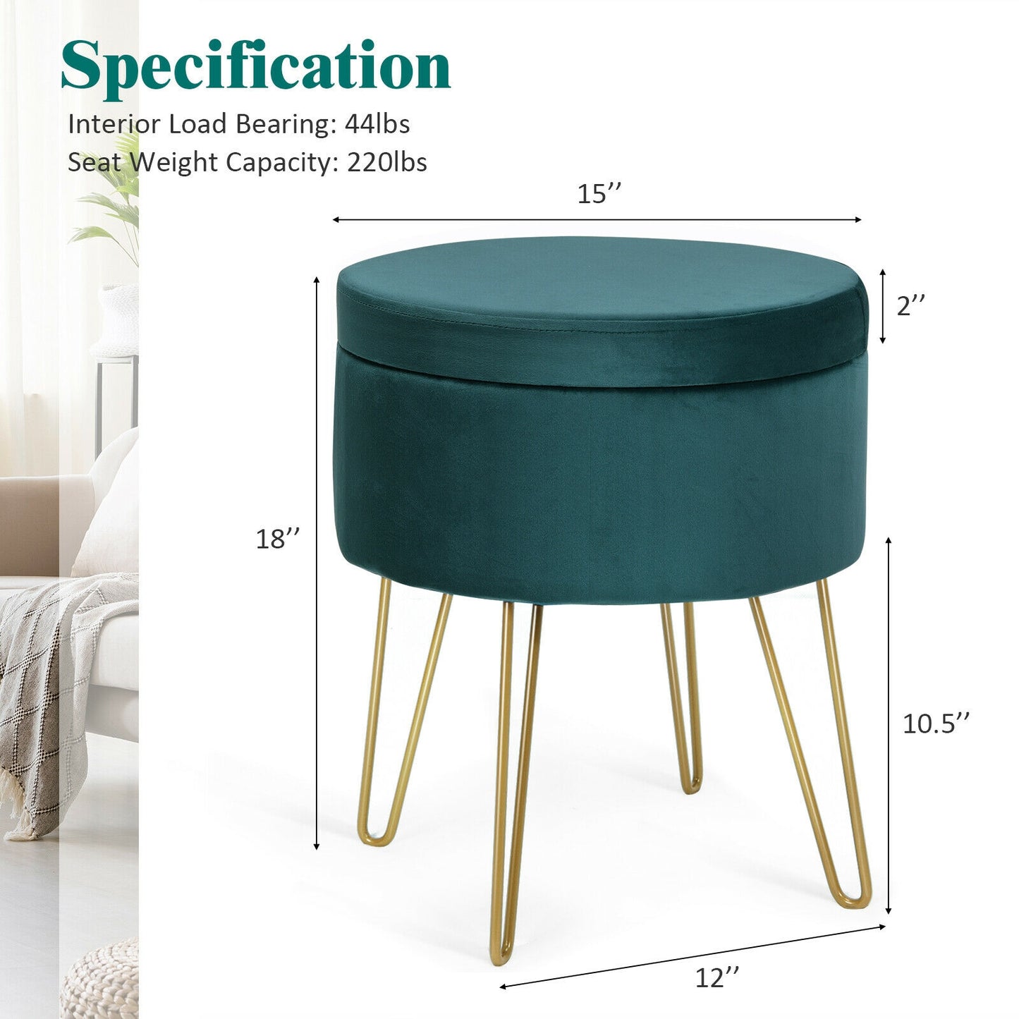 Elegant Round Storage Ottoman with Soft Velvet Upholstery and Gold Legs - Dark Green