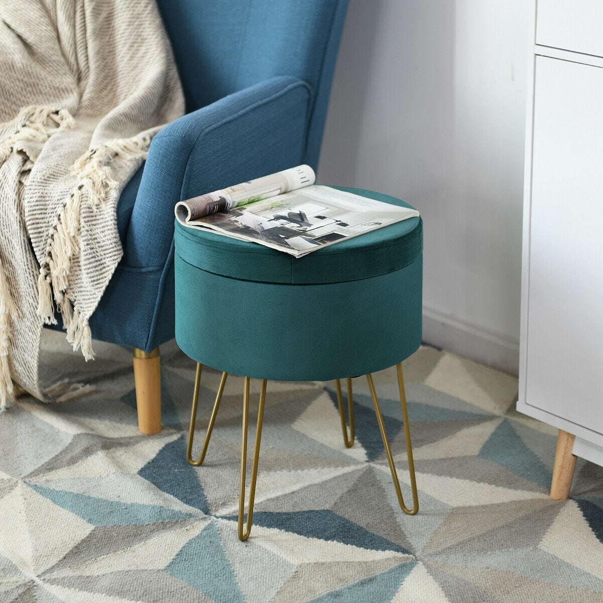 Elegant Round Storage Ottoman with Soft Velvet Upholstery and Gold Legs - Dark Green