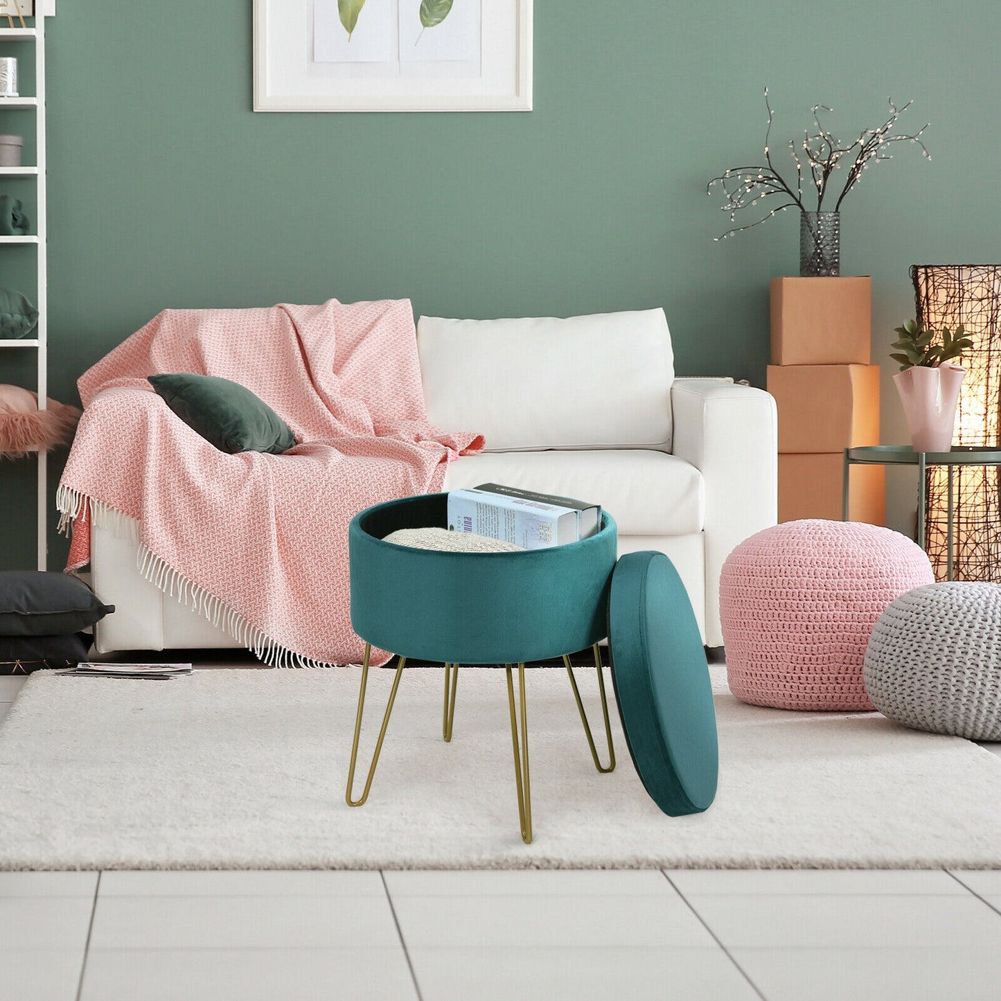 Elegant Round Storage Ottoman with Soft Velvet Upholstery and Gold Legs - Dark Green