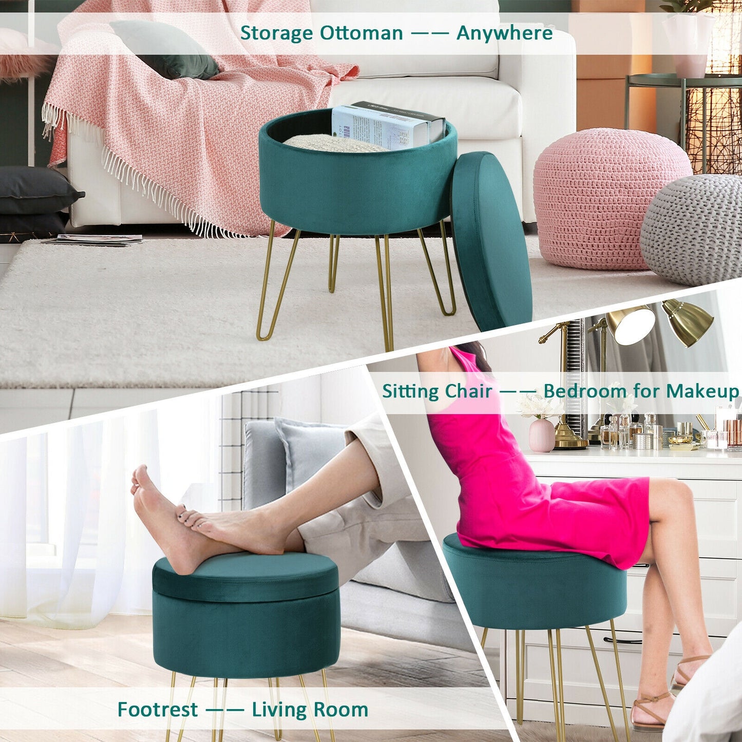 Elegant Round Storage Ottoman with Soft Velvet Upholstery and Gold Legs - Dark Green