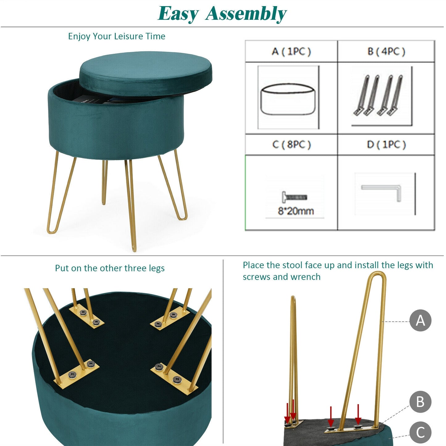 Elegant Round Storage Ottoman with Soft Velvet Upholstery and Gold Legs - Dark Green