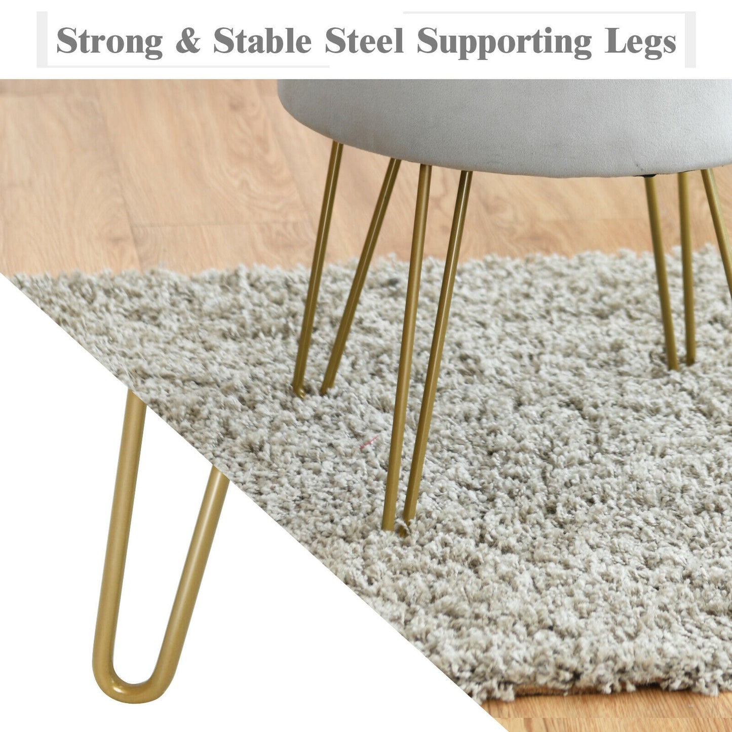 Elegant Round Storage Ottoman with Soft Velvet Upholstery and Gold Legs - Grey
