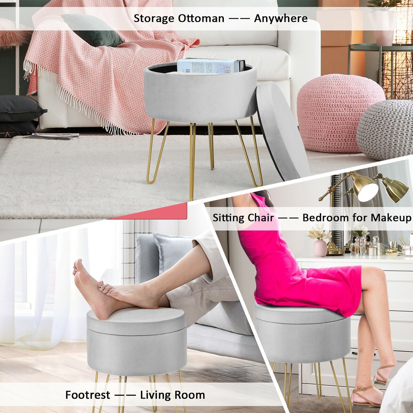 Elegant Round Storage Ottoman with Soft Velvet Upholstery and Gold Legs - Grey