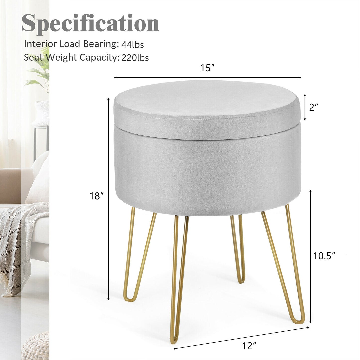 Elegant Round Storage Ottoman with Soft Velvet Upholstery and Gold Legs - Grey