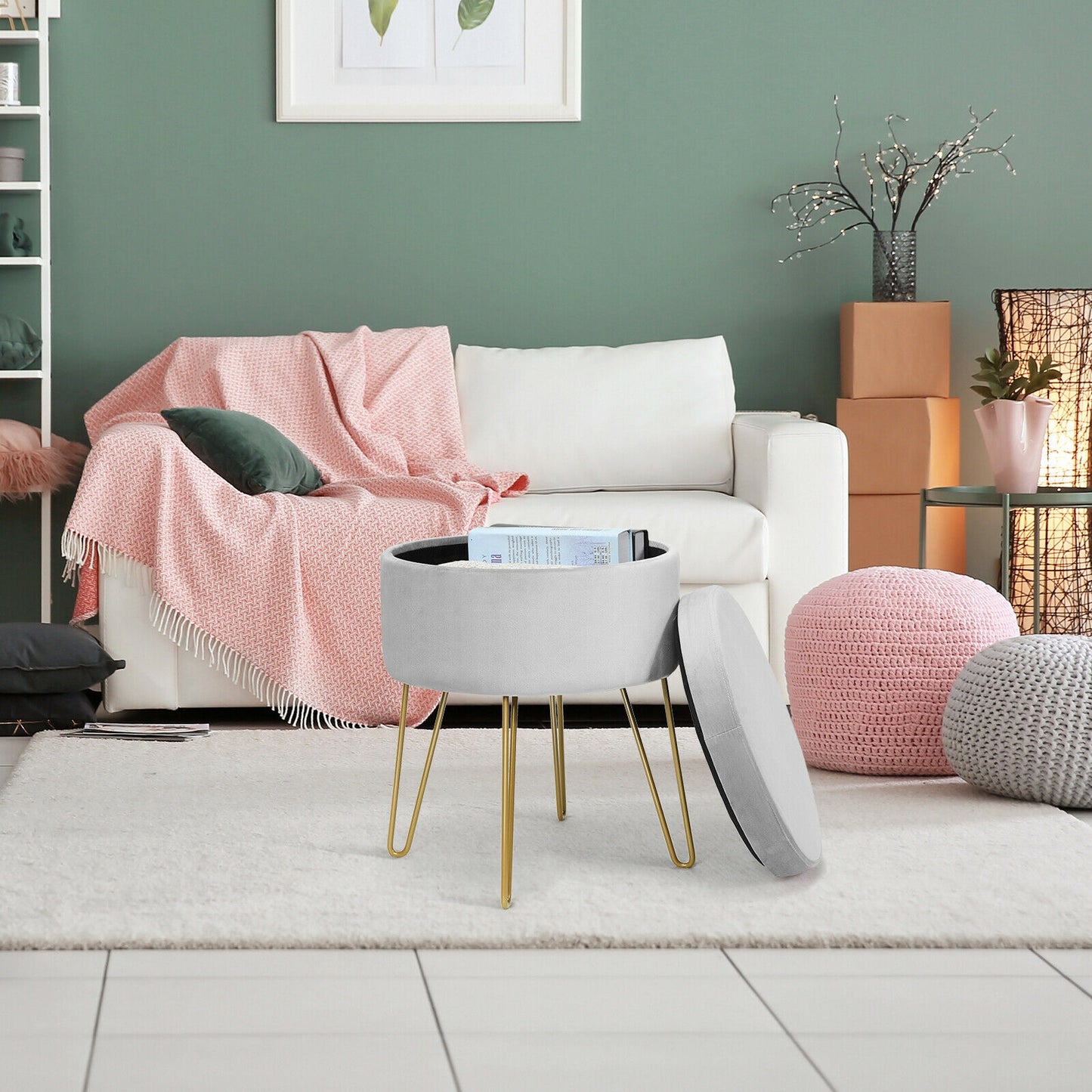 Elegant Round Storage Ottoman with Soft Velvet Upholstery and Gold Legs - Grey