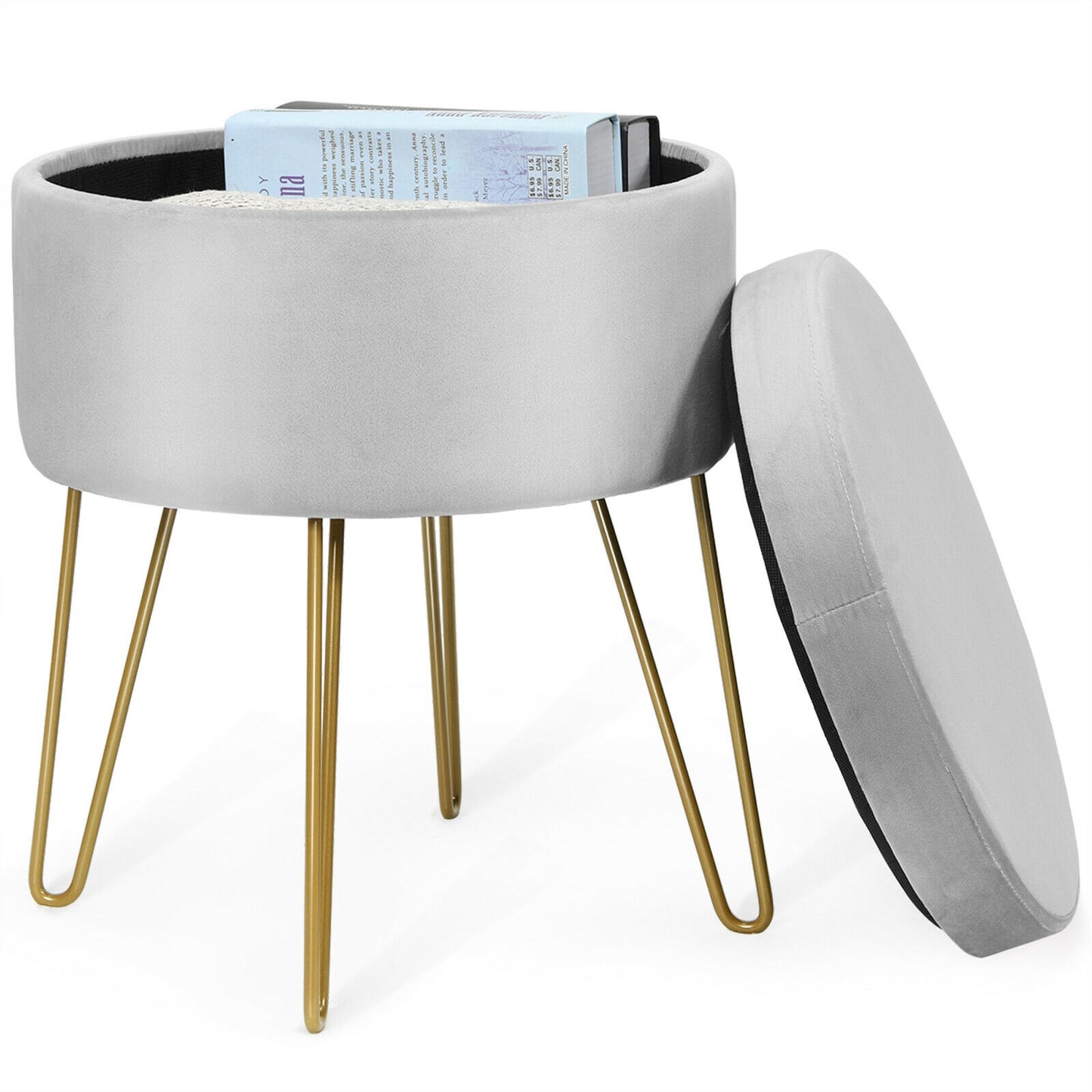 Elegant Round Storage Ottoman with Soft Velvet Upholstery and Gold Legs - Grey