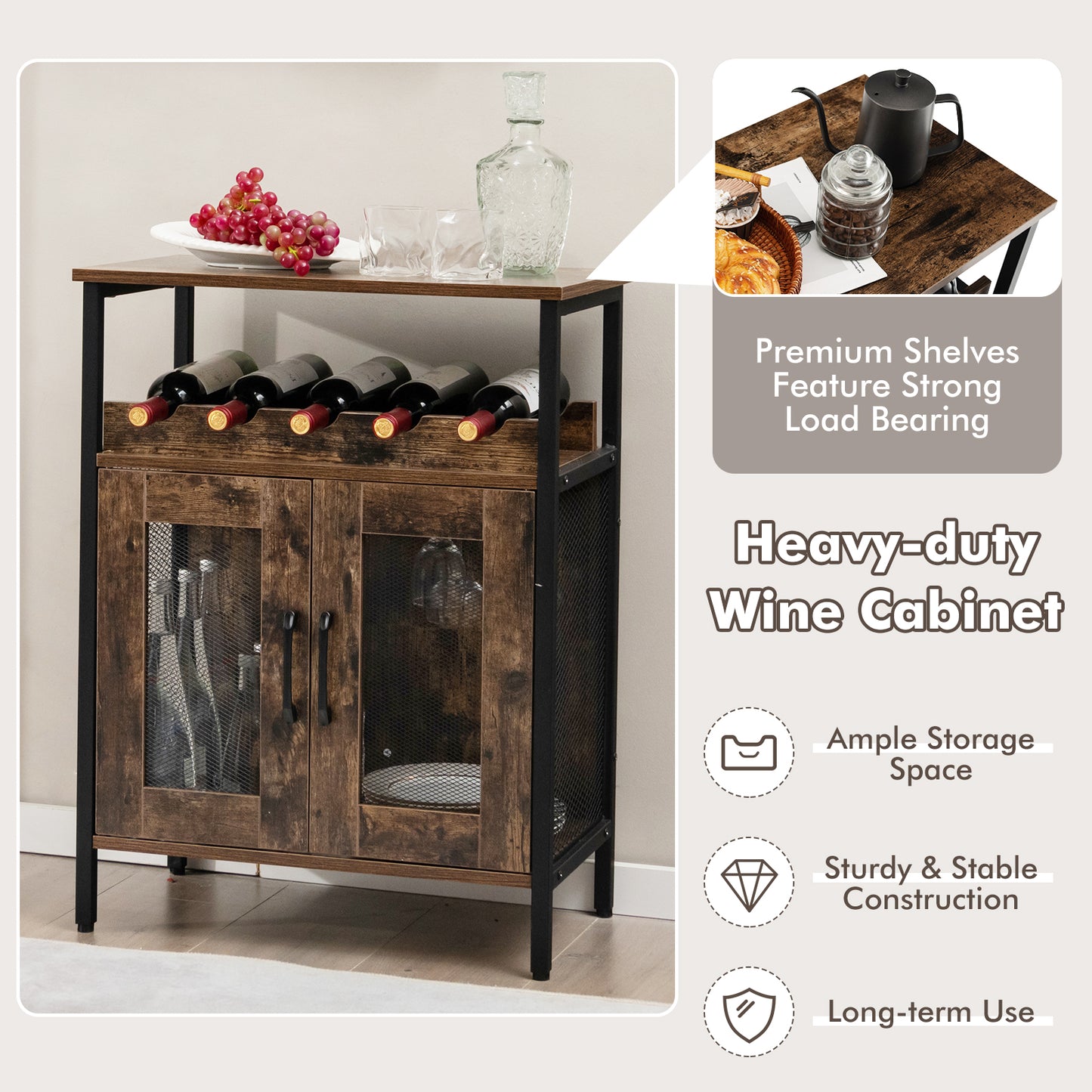 Modern Industrial Buffet Cabinet with Storage Shelves and Removable Wine Rack