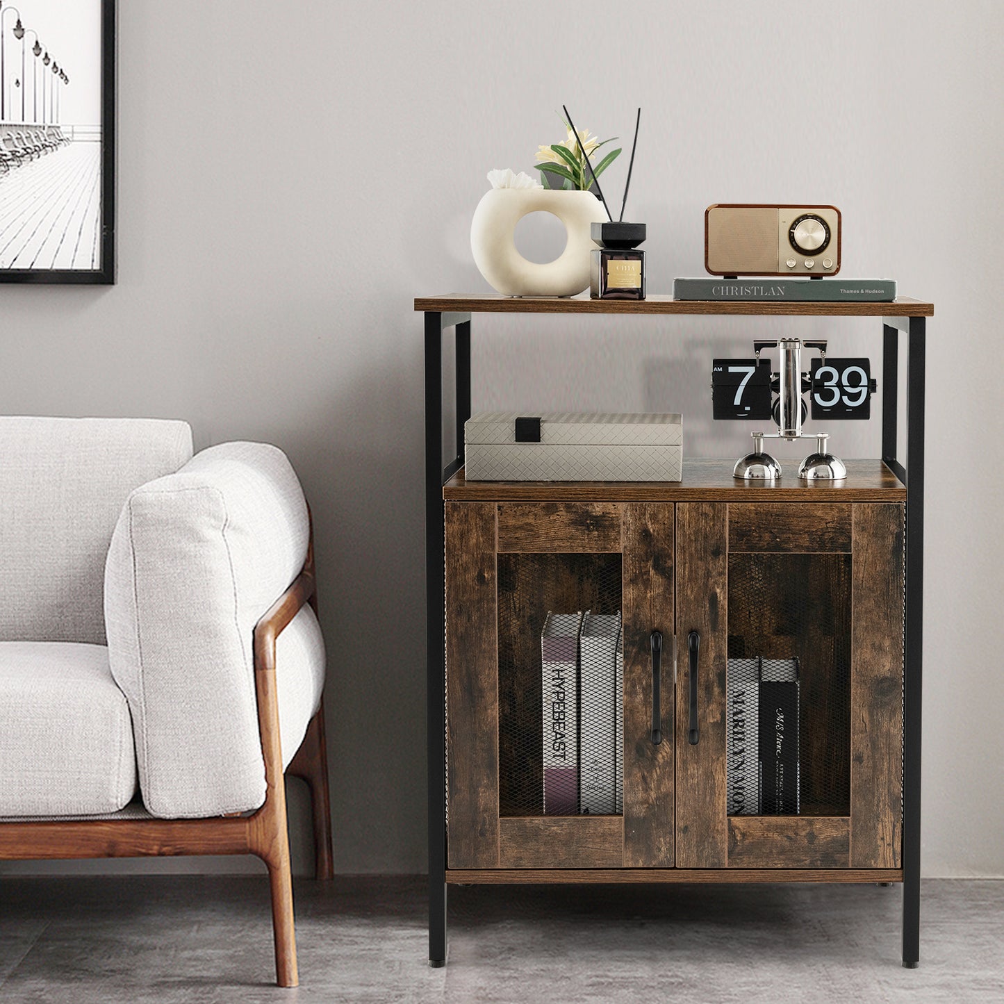Modern Industrial Buffet Cabinet with Storage Shelves and Removable Wine Rack