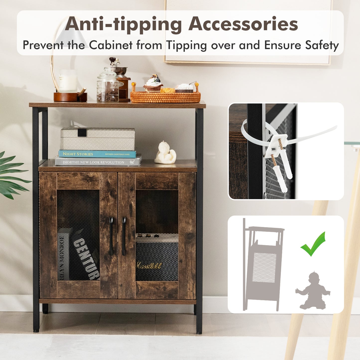 Modern Industrial Buffet Cabinet with Storage Shelves and Removable Wine Rack