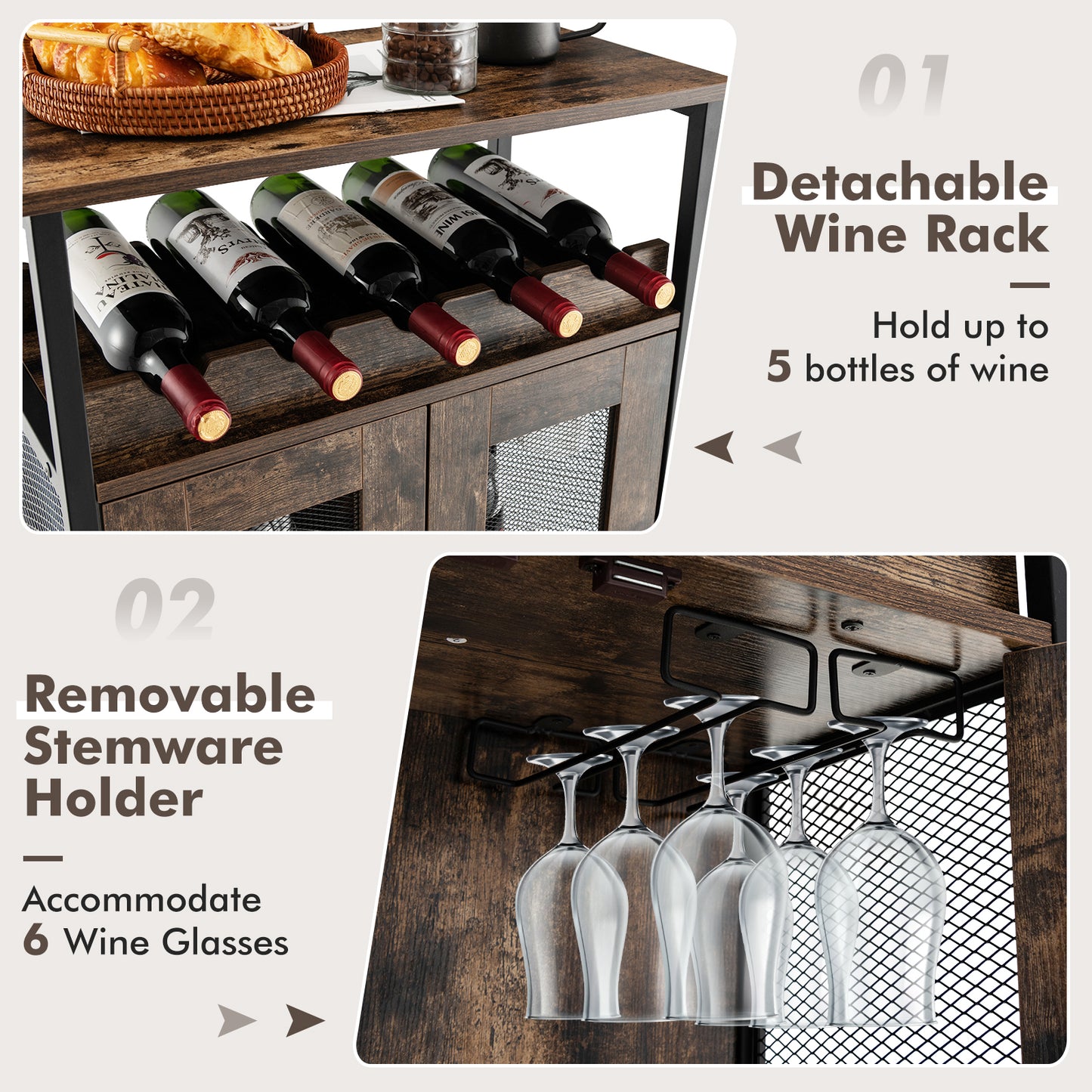 Modern Industrial Buffet Cabinet with Storage Shelves and Removable Wine Rack