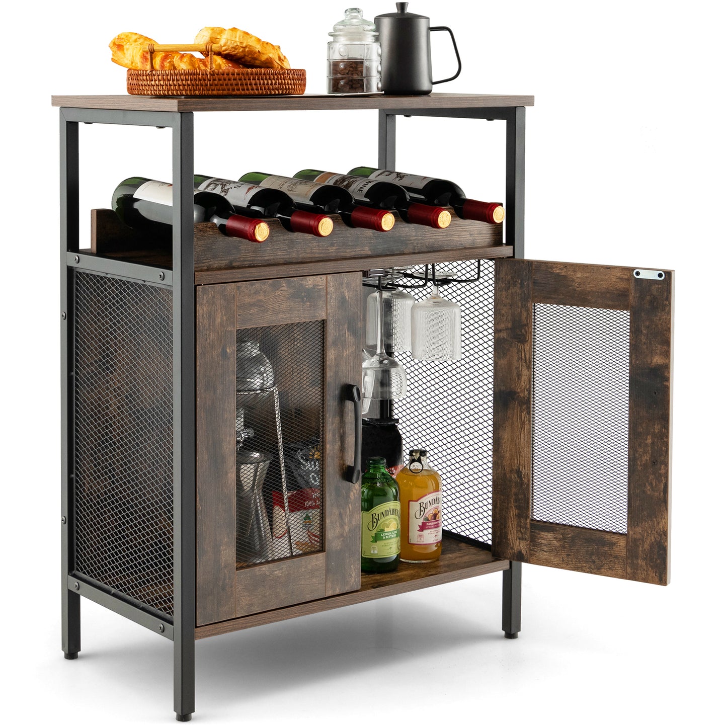 Modern Industrial Buffet Cabinet with Storage Shelves and Removable Wine Rack