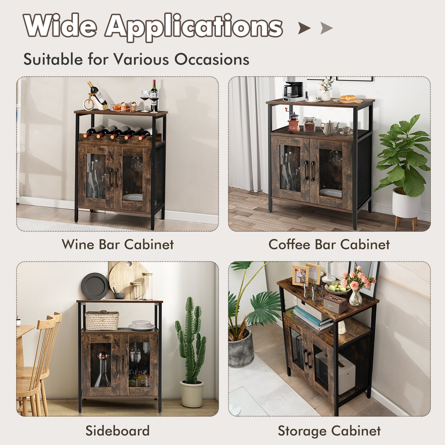 Modern Industrial Buffet Cabinet with Storage Shelves and Removable Wine Rack