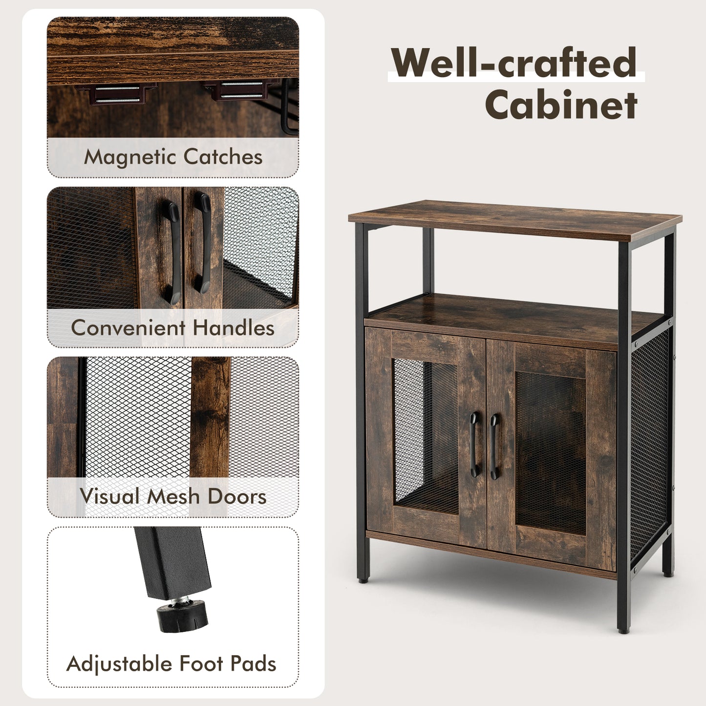 Modern Industrial Buffet Cabinet with Storage Shelves and Removable Wine Rack