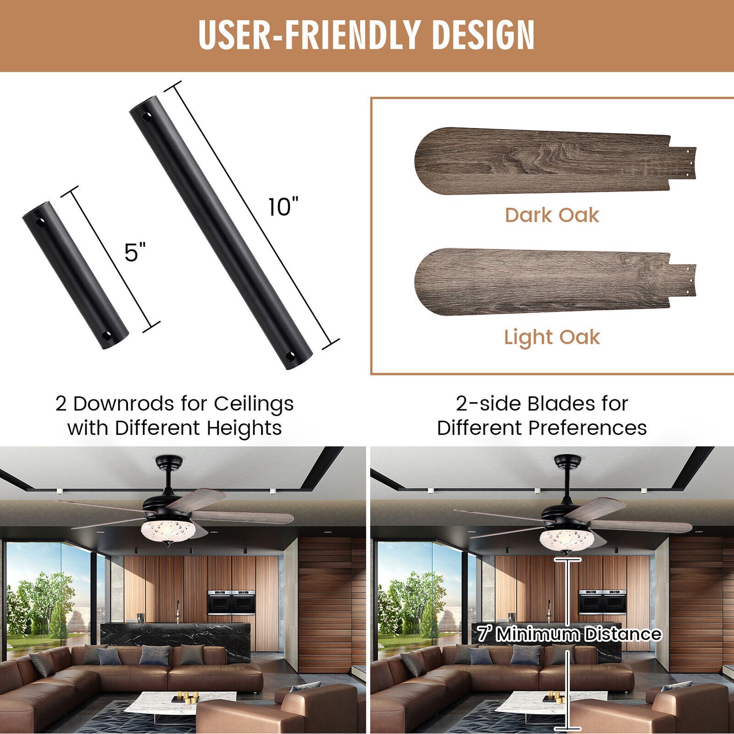 52 Inch Retro Ceiling Fan with Remote Control & Dual-Finish Oak Blades
