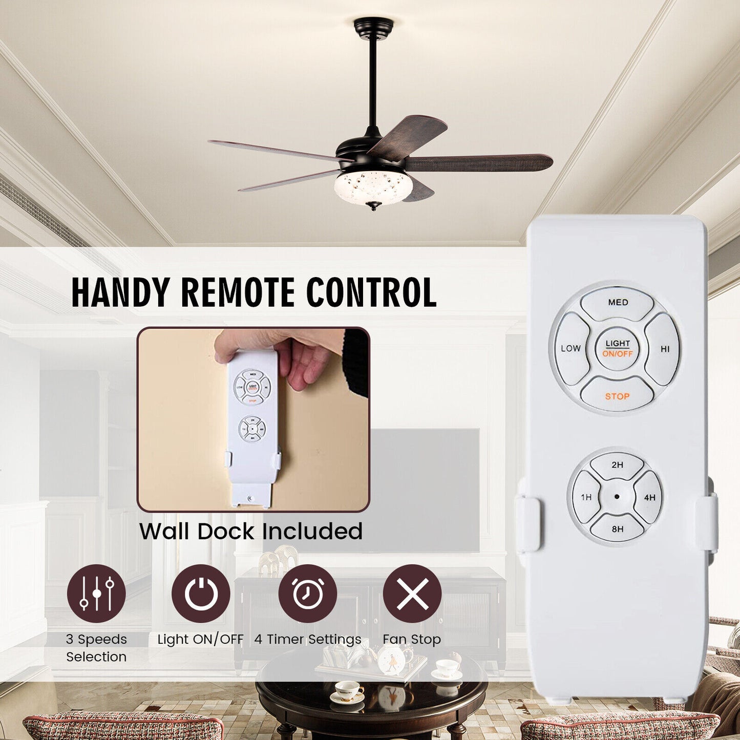 52 Inch Retro Ceiling Fan with Remote Control & Dual-Finish Walnut Blades