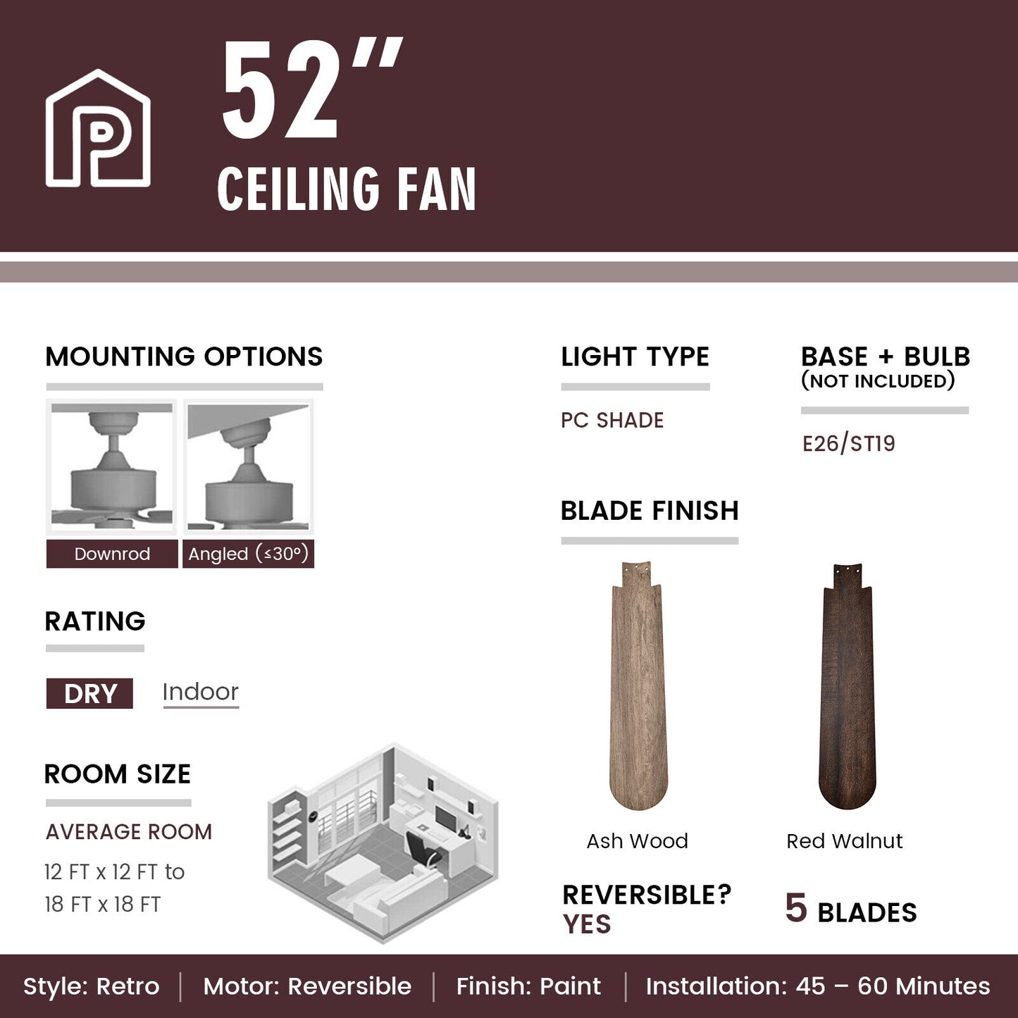52 Inch Retro Ceiling Fan with Remote Control & Dual-Finish Walnut Blades