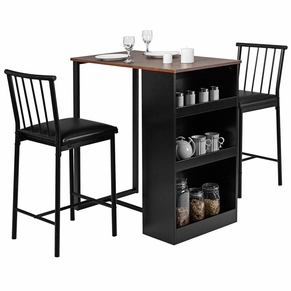 3 Piece Counter Height Dining Set with Storage Shelves and PU Leather Chairs in Brown Wood Finish