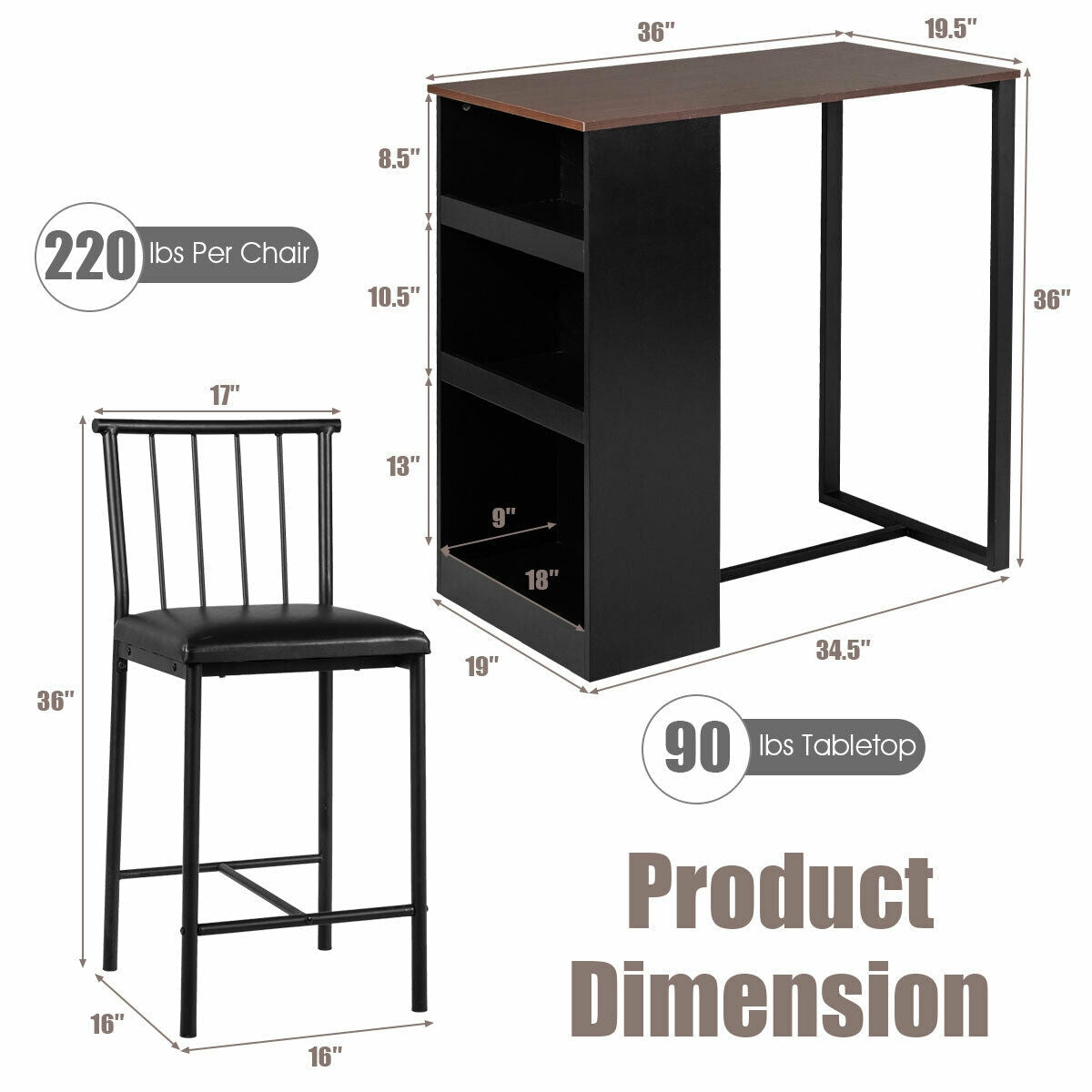 3 Piece Counter Height Dining Set with Storage Shelves and PU Leather Chairs in Brown Wood Finish