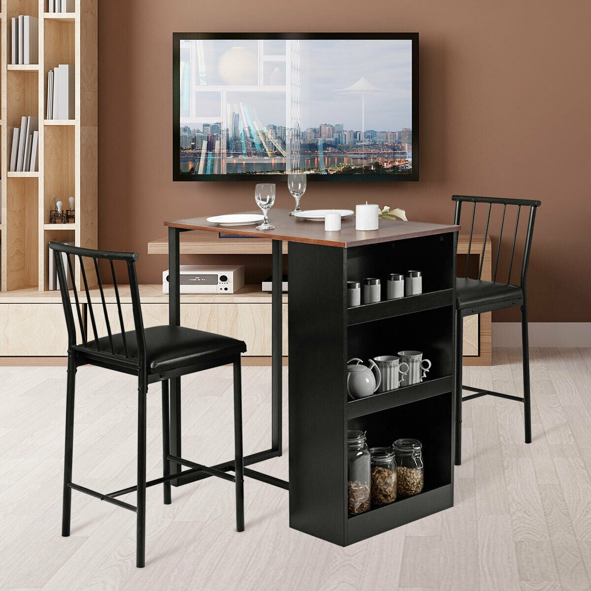 3 Piece Counter Height Dining Set with Storage Shelves and PU Leather Chairs in Brown Wood Finish