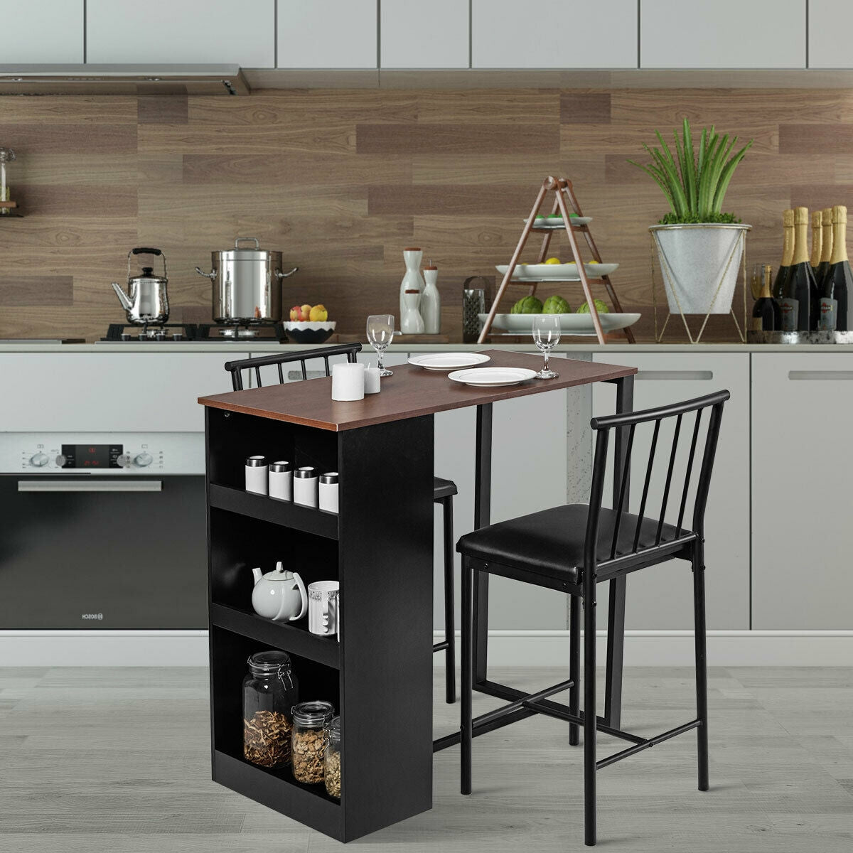 3 Piece Counter Height Dining Set with Storage Shelves and PU Leather Chairs in Brown Wood Finish