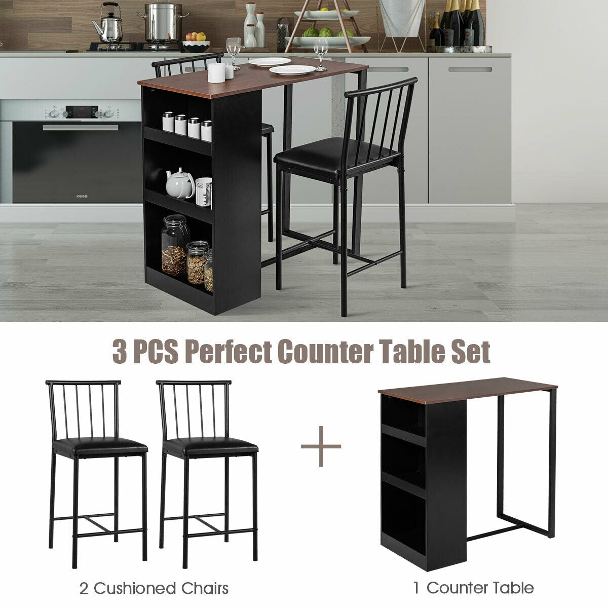 3 Piece Counter Height Dining Set with Storage Shelves and PU Leather Chairs in Brown Wood Finish