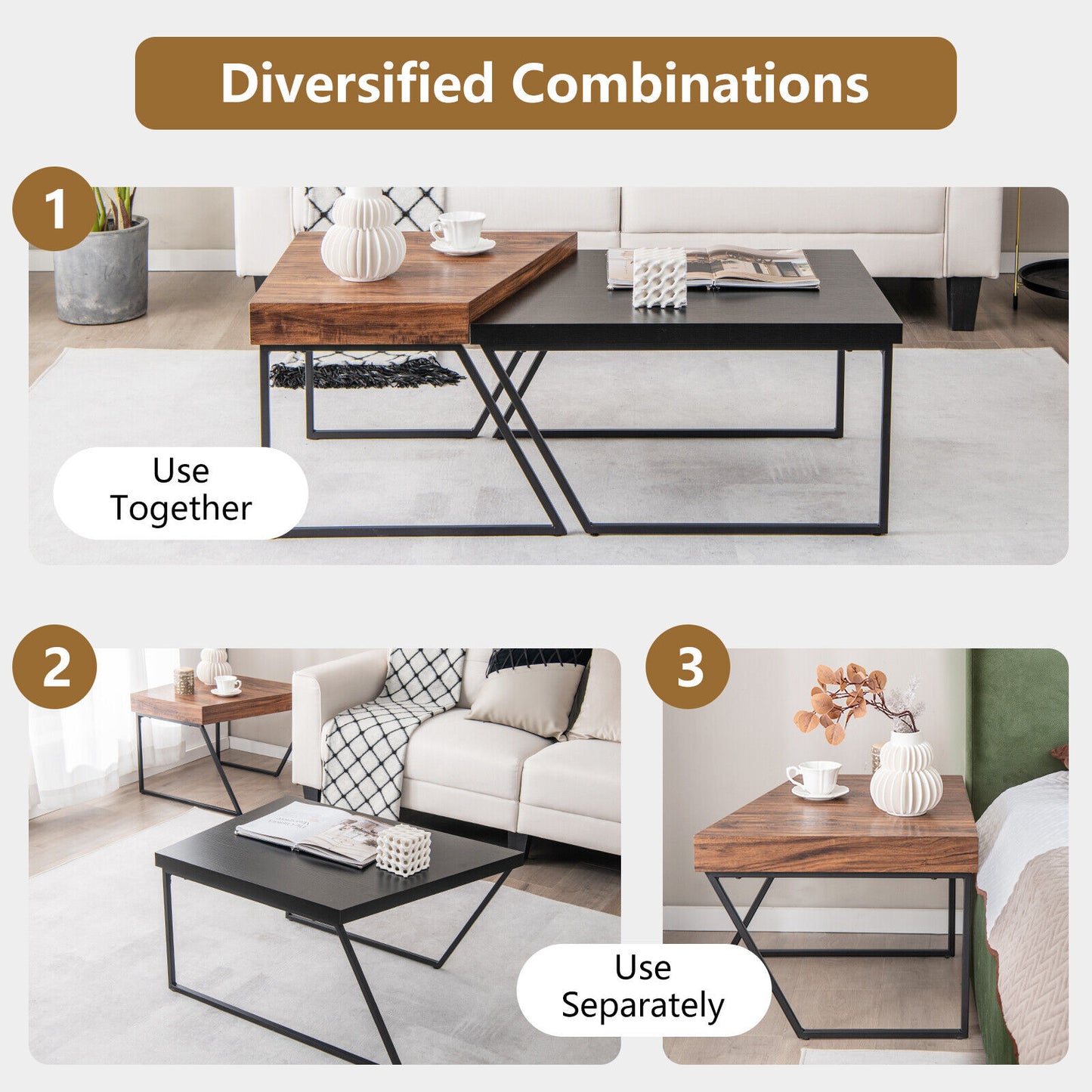 Set of 2 Coffee Tables with Metal Frames and Spacious Wooden Tops