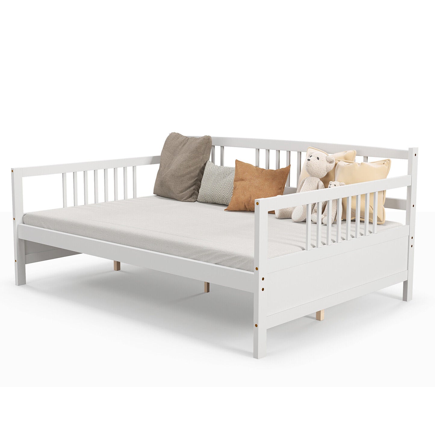 Full Size Wooden Daybed Frame with Decorative Guardrails and Underbed Clearance – White
