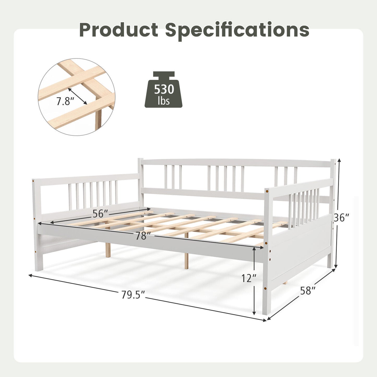 Full Size Wooden Daybed Frame with Decorative Guardrails and Underbed Clearance – White