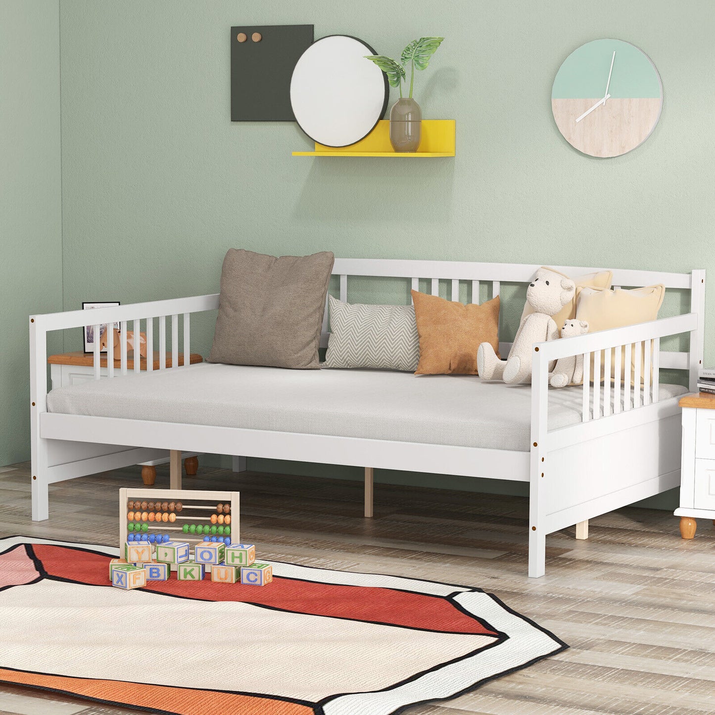 Full Size Wooden Daybed Frame with Decorative Guardrails and Underbed Clearance – White