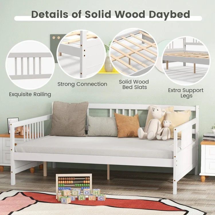Full Size Wooden Daybed Frame with Decorative Guardrails and Underbed Clearance – White