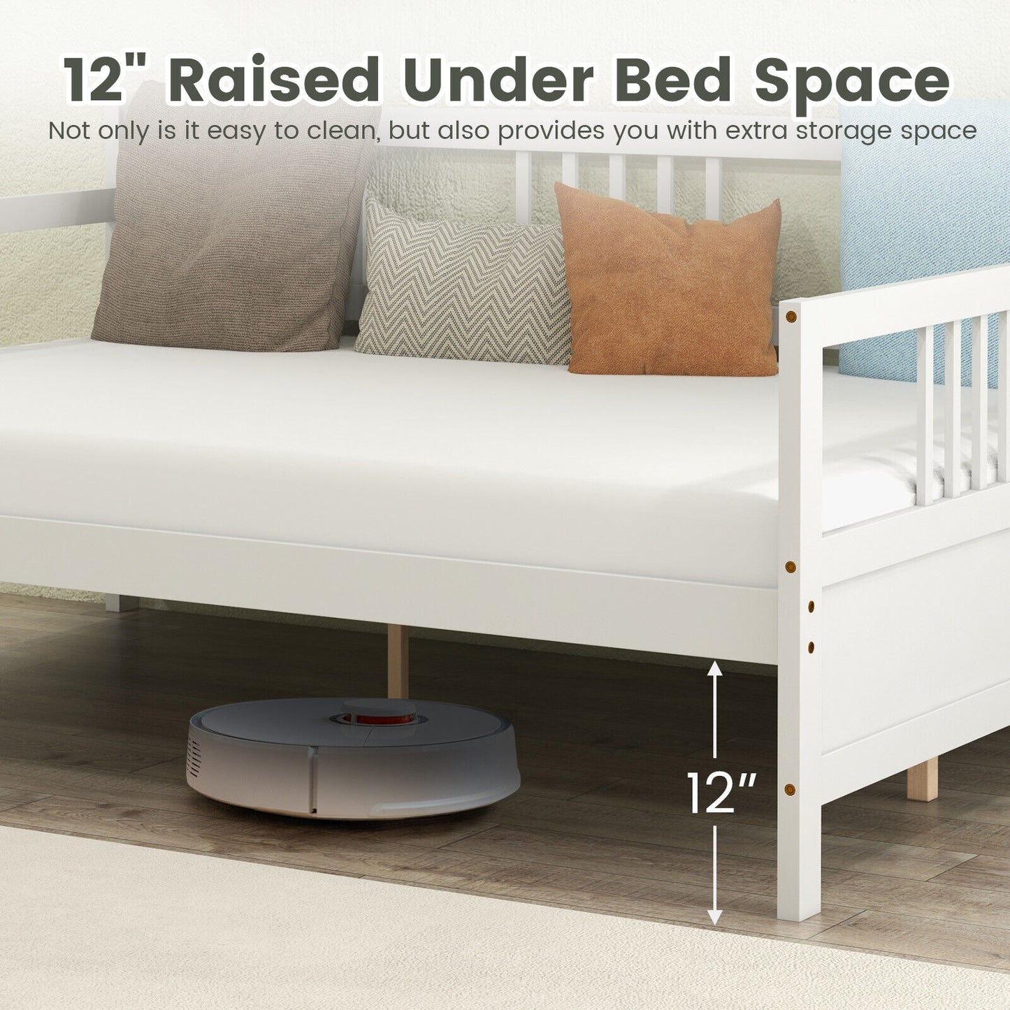 Full Size Wooden Daybed Frame with Decorative Guardrails and Underbed Clearance – White