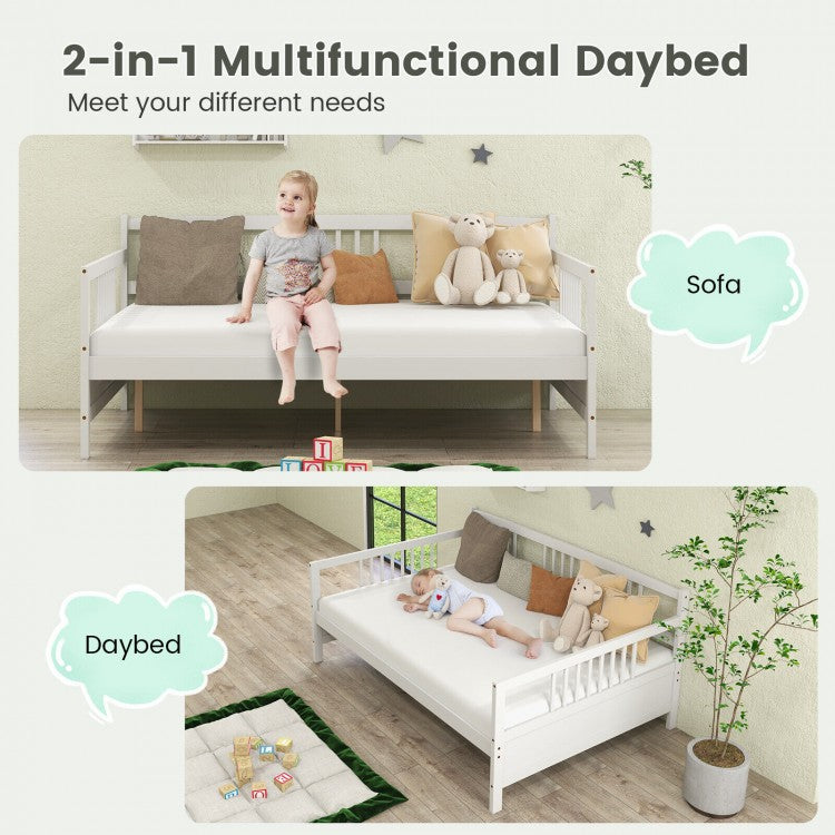 Full Size Wooden Daybed Frame with Decorative Guardrails and Underbed Clearance – White