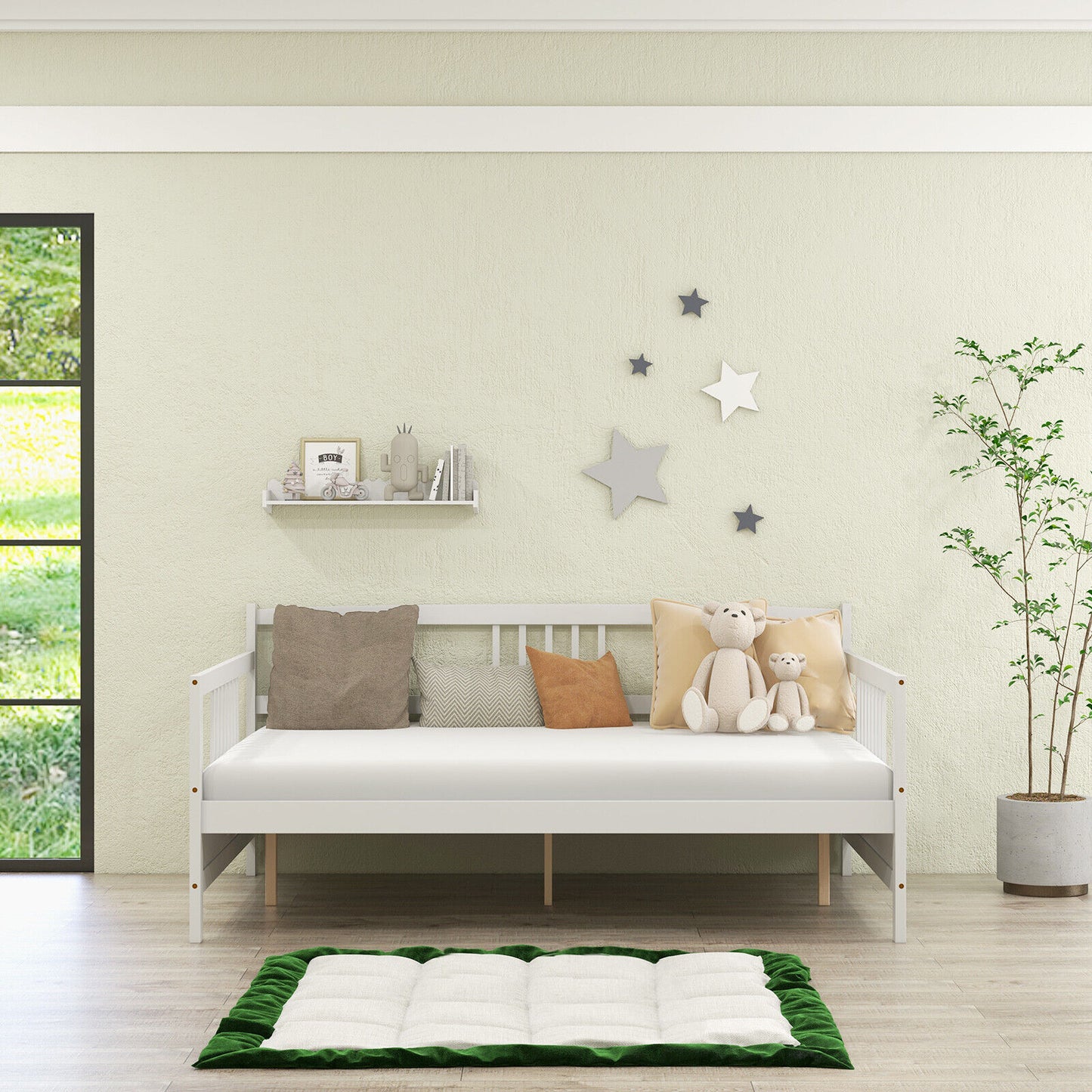 Full Size Wooden Daybed Frame with Decorative Guardrails and Underbed Clearance – White