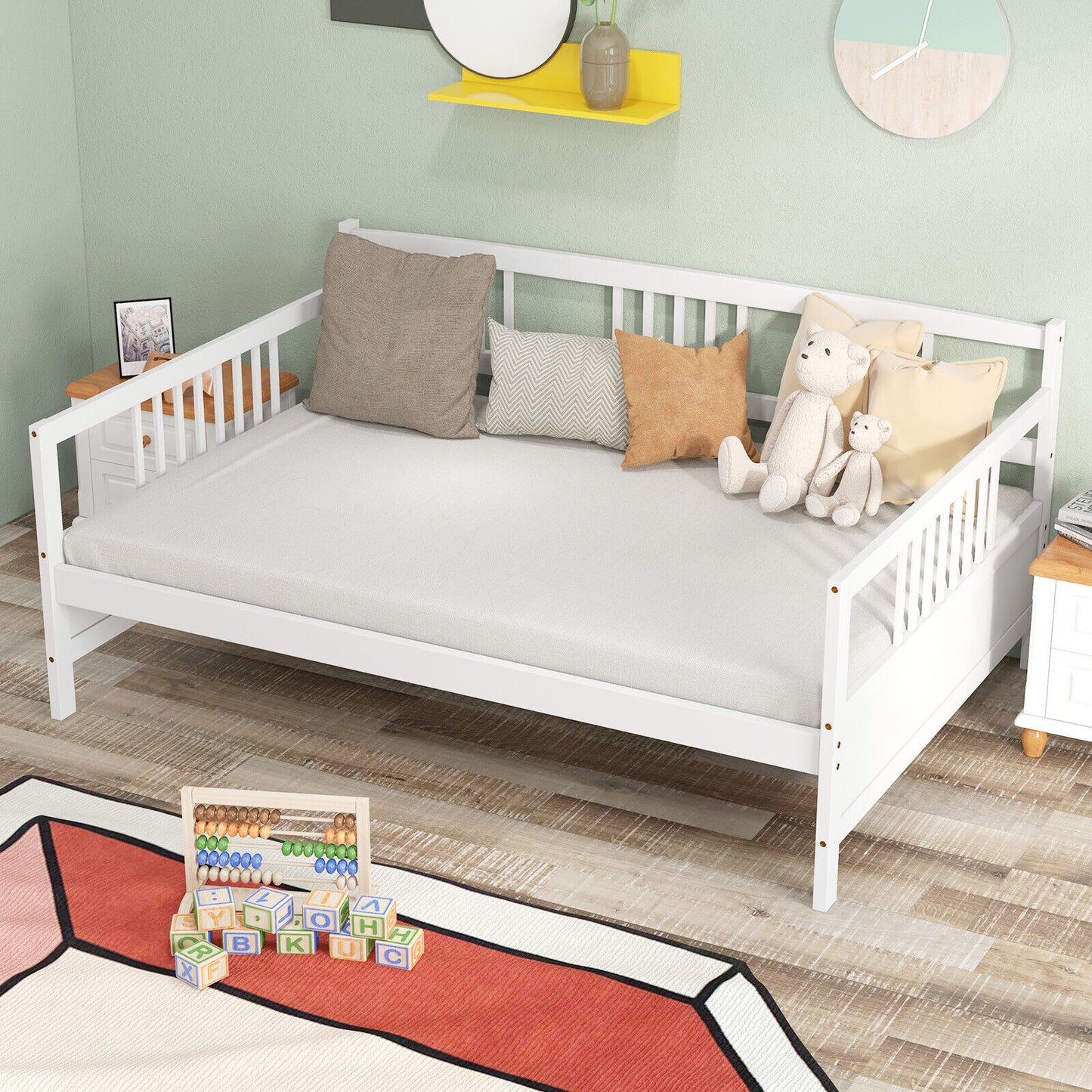 Full Size Wooden Daybed Frame with Decorative Guardrails and Underbed Clearance – White