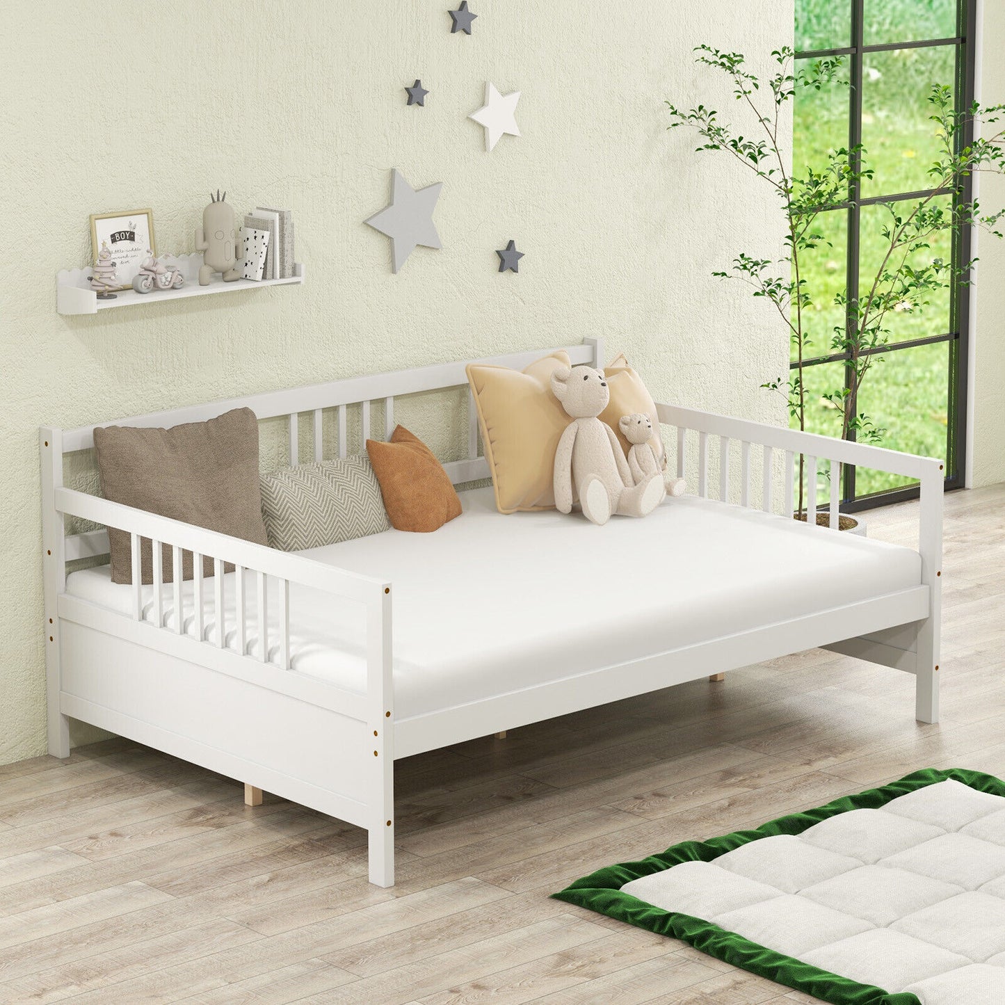 Full Size Wooden Daybed Frame with Decorative Guardrails and Underbed Clearance – White