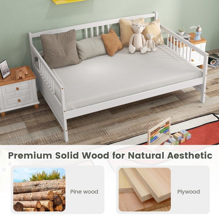 Full Size Wooden Daybed Frame with Decorative Guardrails and Underbed Clearance – White