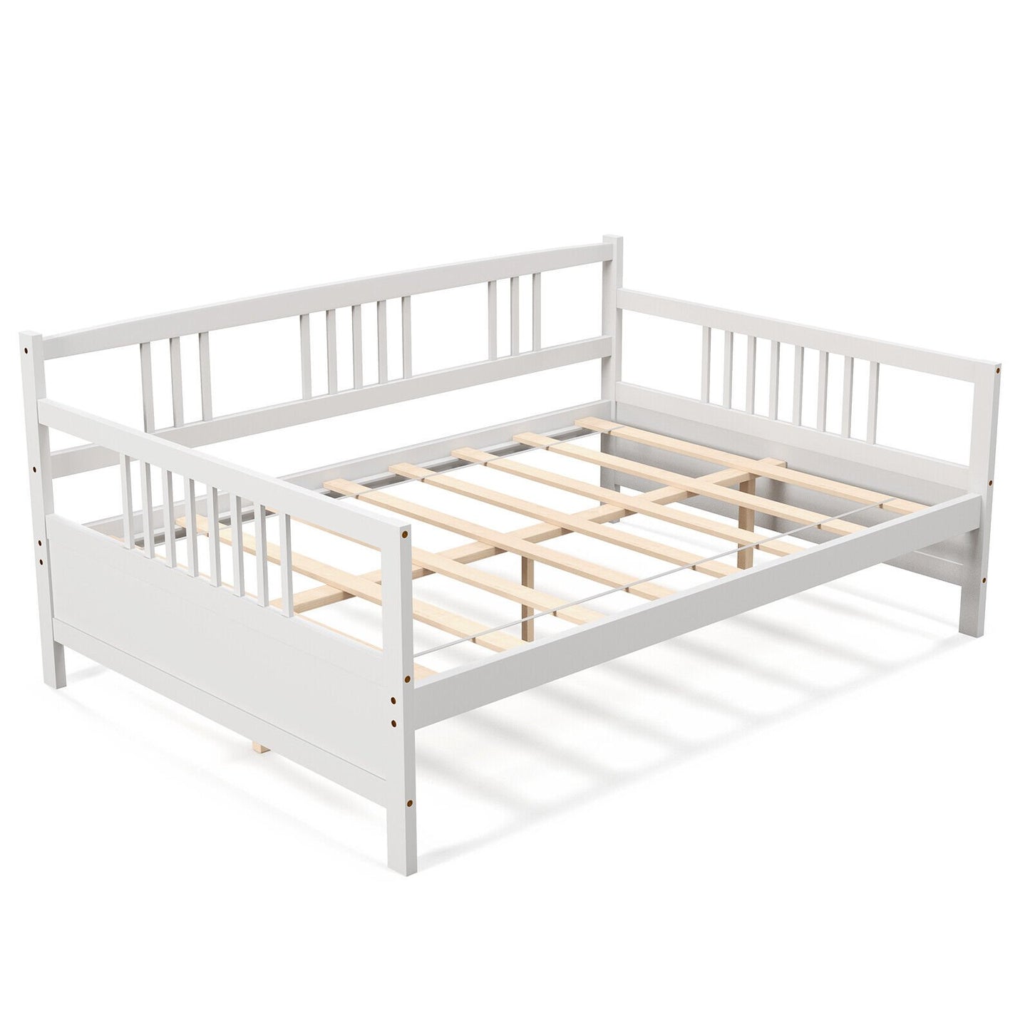 Full Size Wooden Daybed Frame with Decorative Guardrails and Underbed Clearance – White
