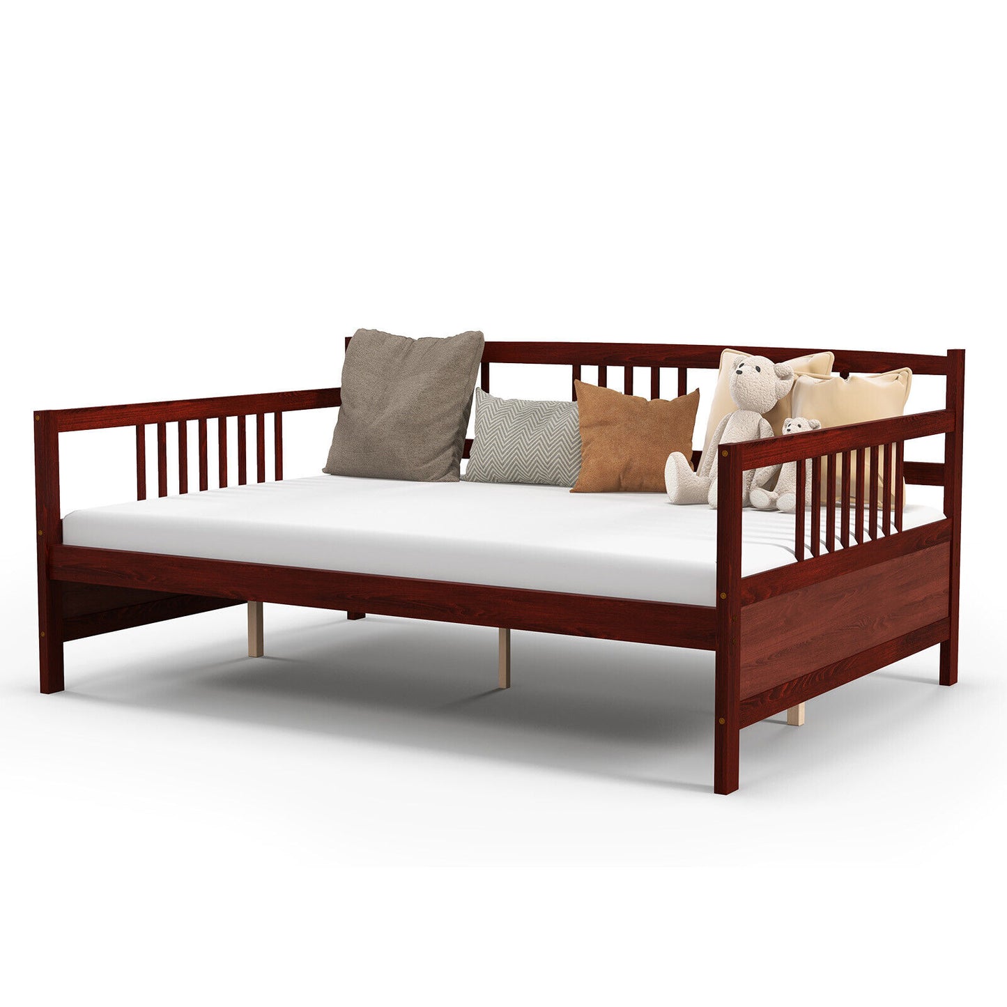 Full Size Wooden Daybed Frame with Decorative Guardrails and Underbed Clearance – Brown