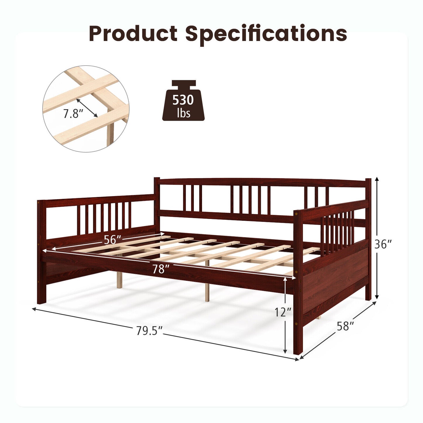 Full Size Wooden Daybed Frame with Decorative Guardrails and Underbed Clearance – Brown