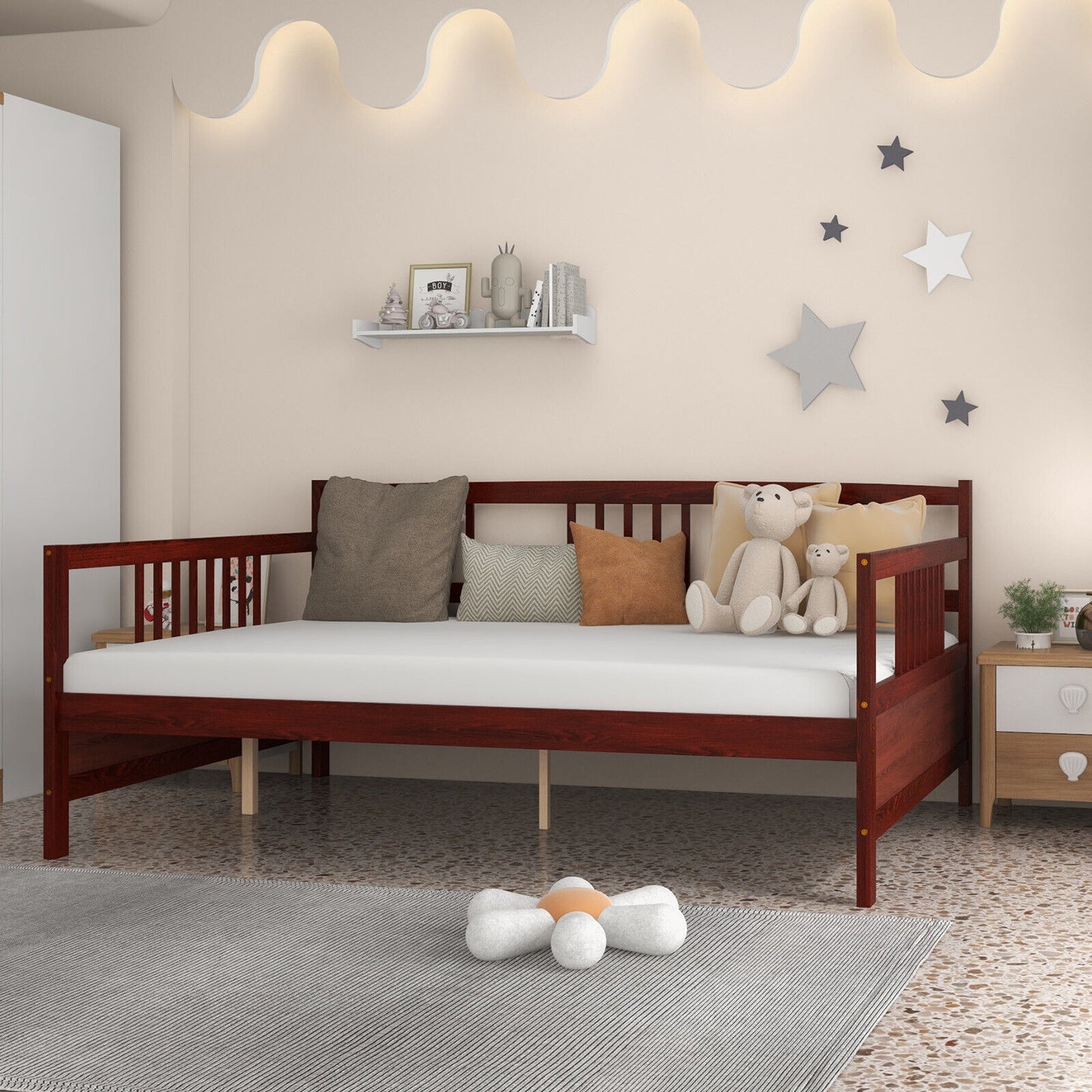 Full Size Wooden Daybed Frame with Decorative Guardrails and Underbed Clearance – Brown