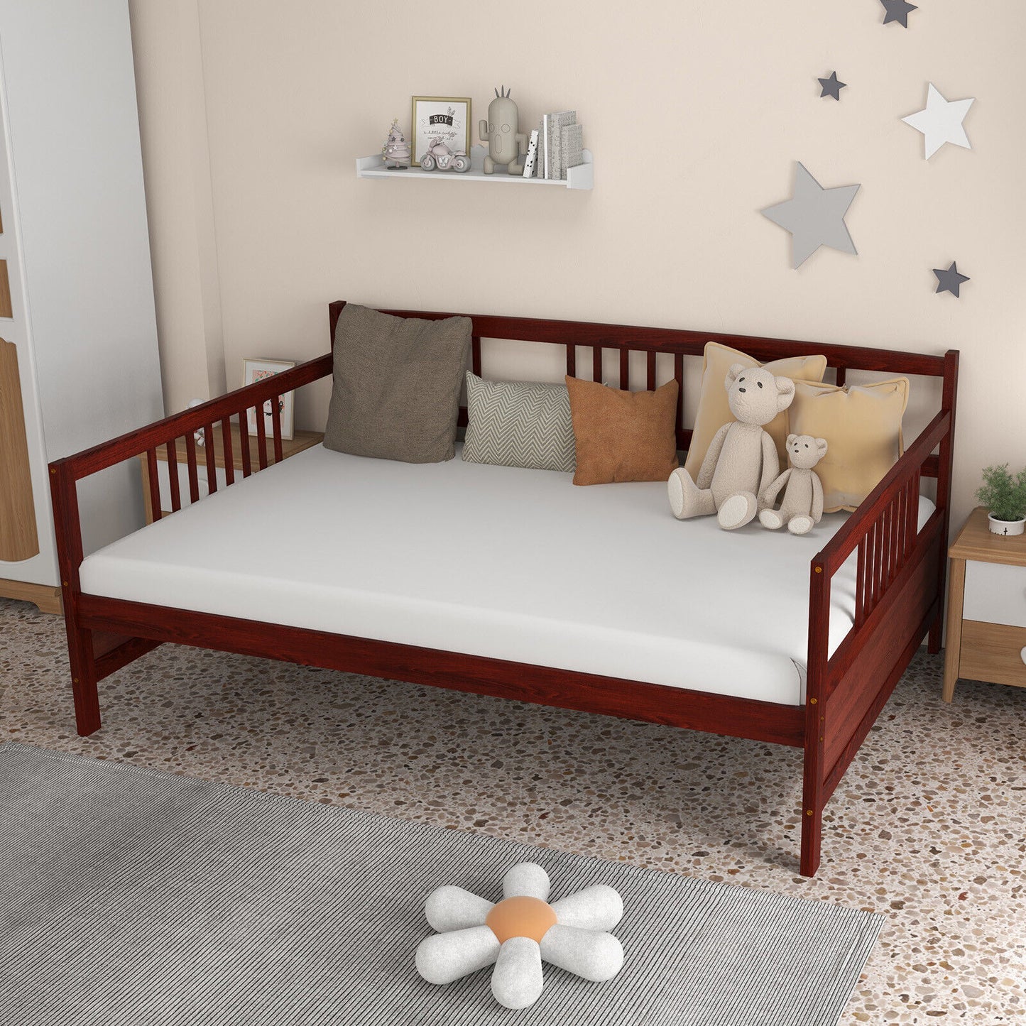 Full Size Wooden Daybed Frame with Decorative Guardrails and Underbed Clearance – Brown