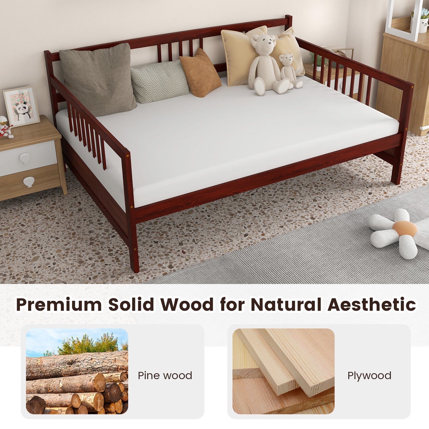 Full Size Wooden Daybed Frame with Decorative Guardrails and Underbed Clearance – Brown
