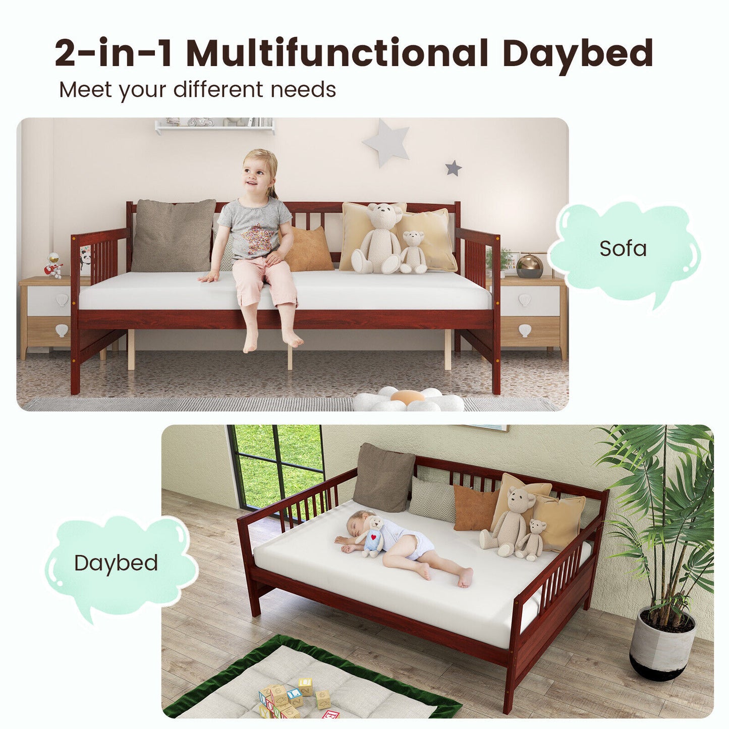 Full Size Wooden Daybed Frame with Decorative Guardrails and Underbed Clearance – Brown