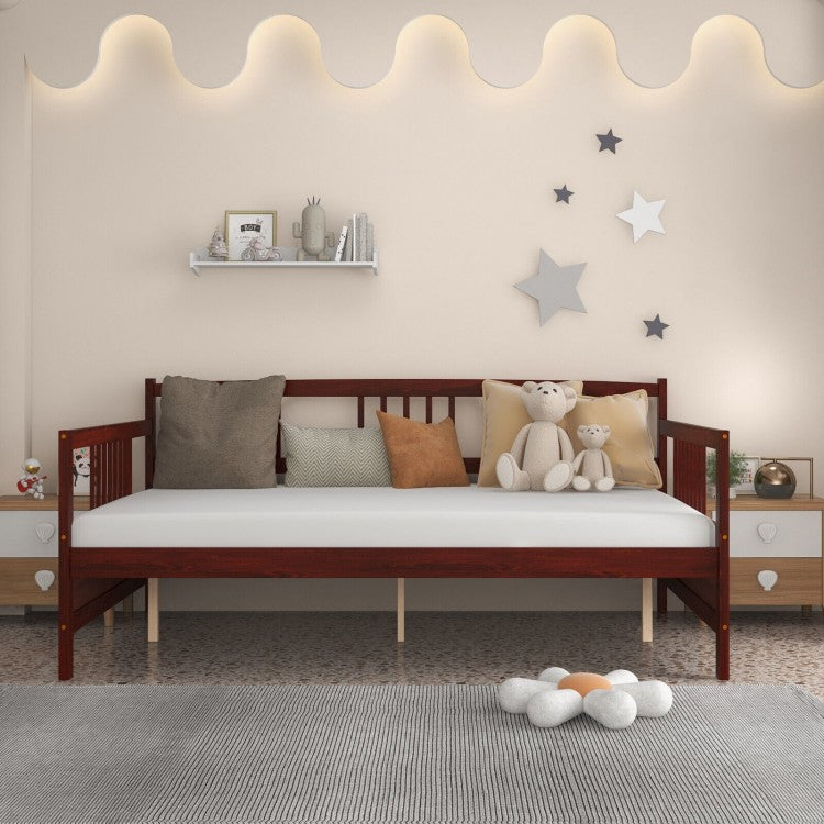 Full Size Wooden Daybed Frame with Decorative Guardrails and Underbed Clearance – Brown