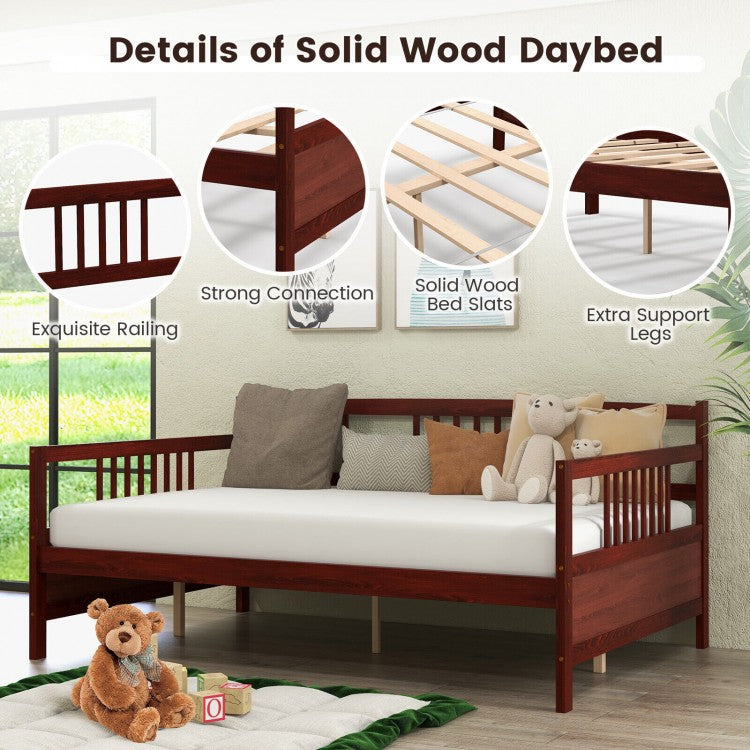 Full Size Wooden Daybed Frame with Decorative Guardrails and Underbed Clearance – Brown