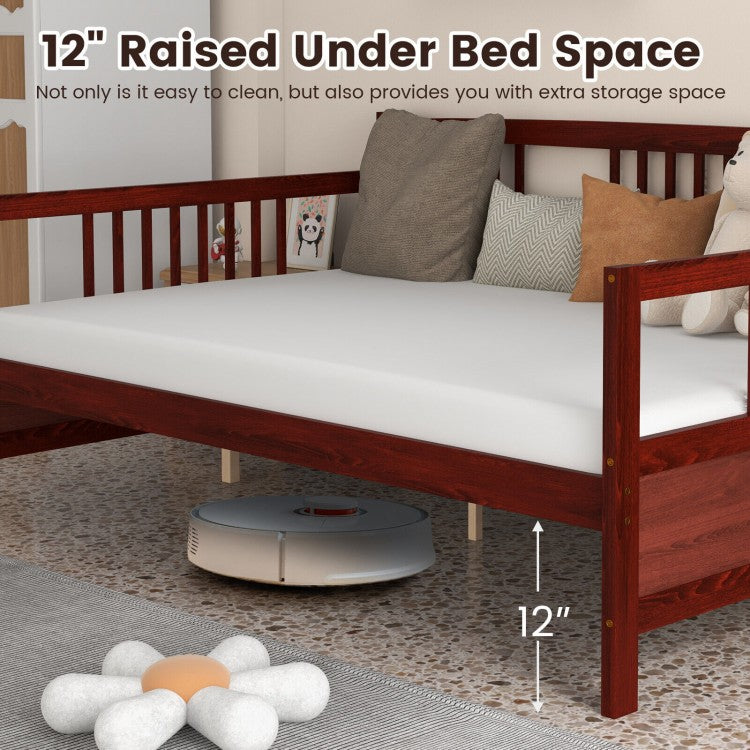 Full Size Wooden Daybed Frame with Decorative Guardrails and Underbed Clearance – Brown