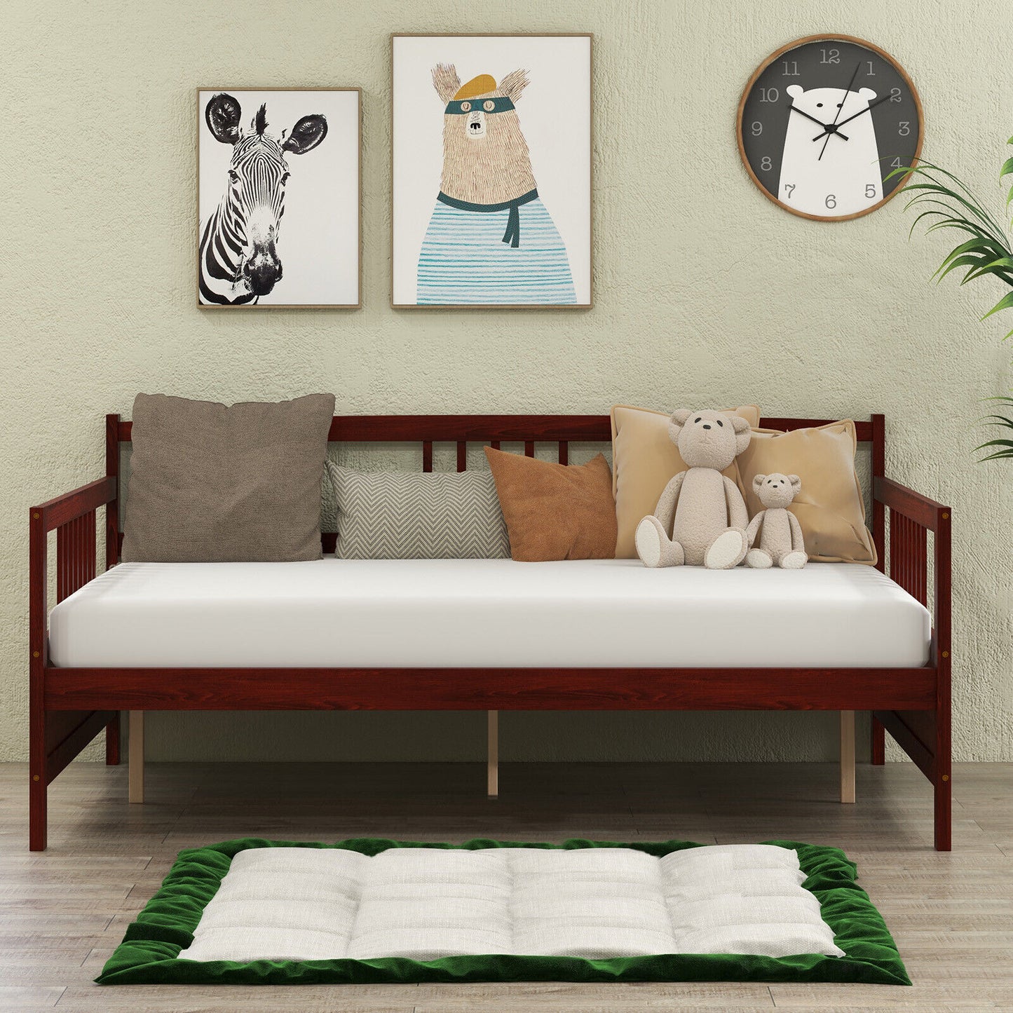 Full Size Wooden Daybed Frame with Decorative Guardrails and Underbed Clearance – Brown