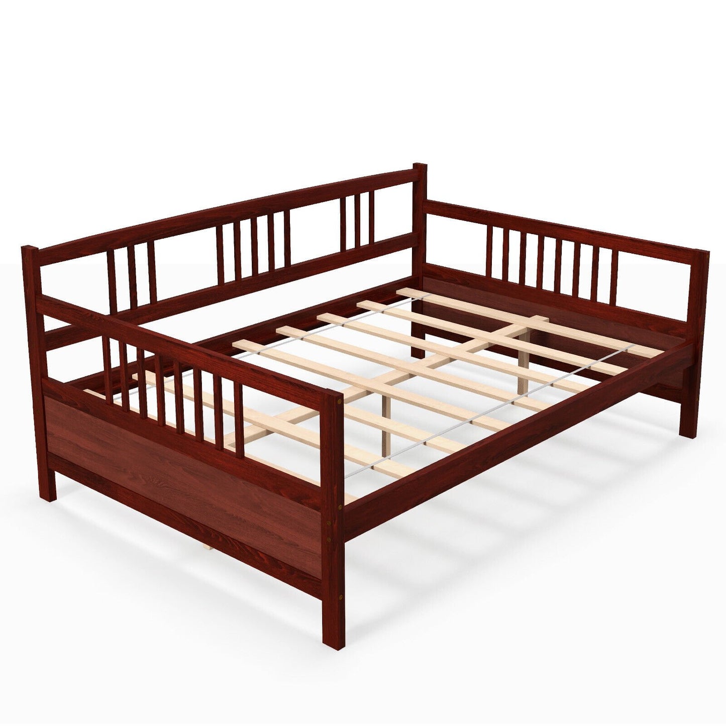 Full Size Wooden Daybed Frame with Decorative Guardrails and Underbed Clearance – Brown