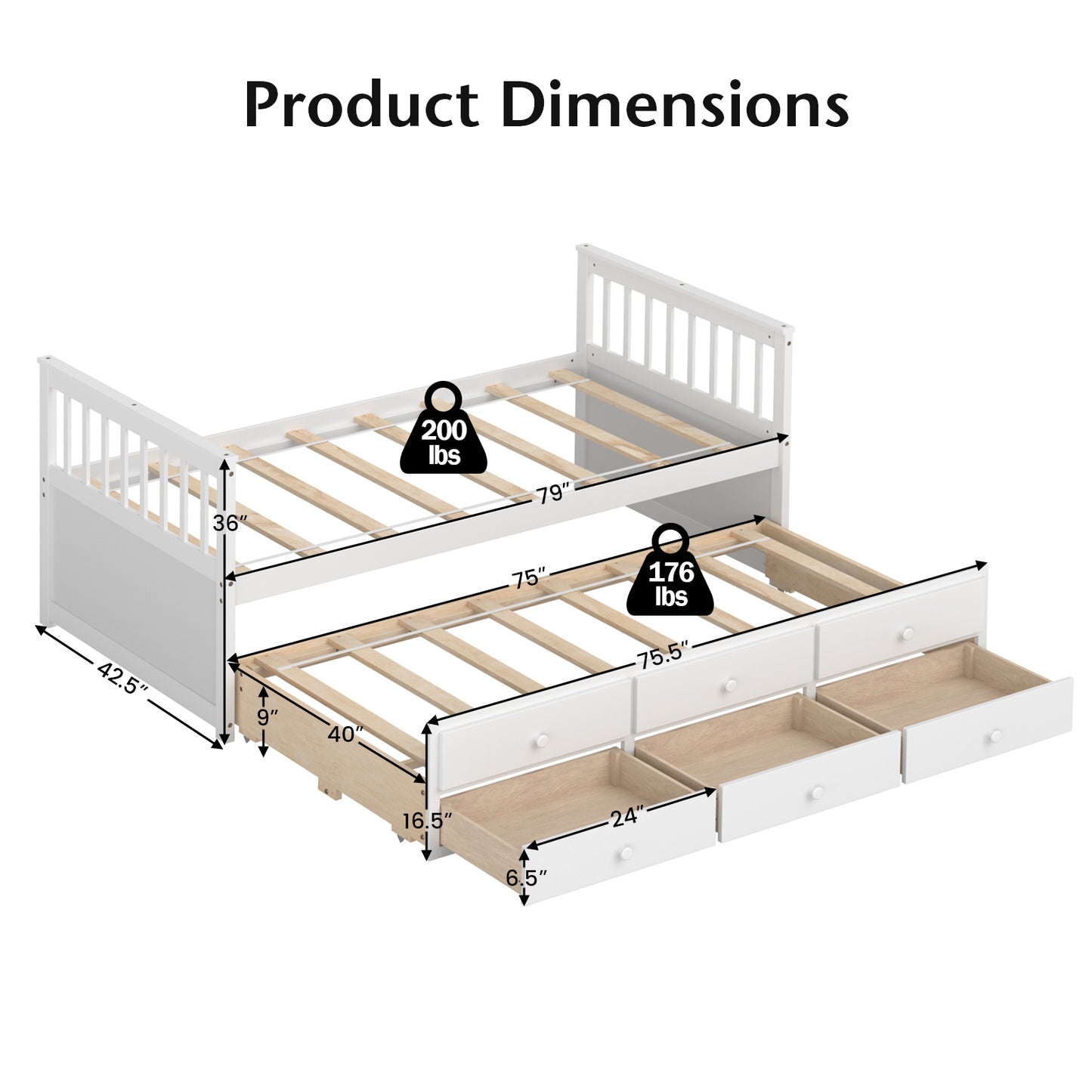 Wood Twin Captain’s Bed with Trundle and Three Storage Drawers for Kids or Guest Room White