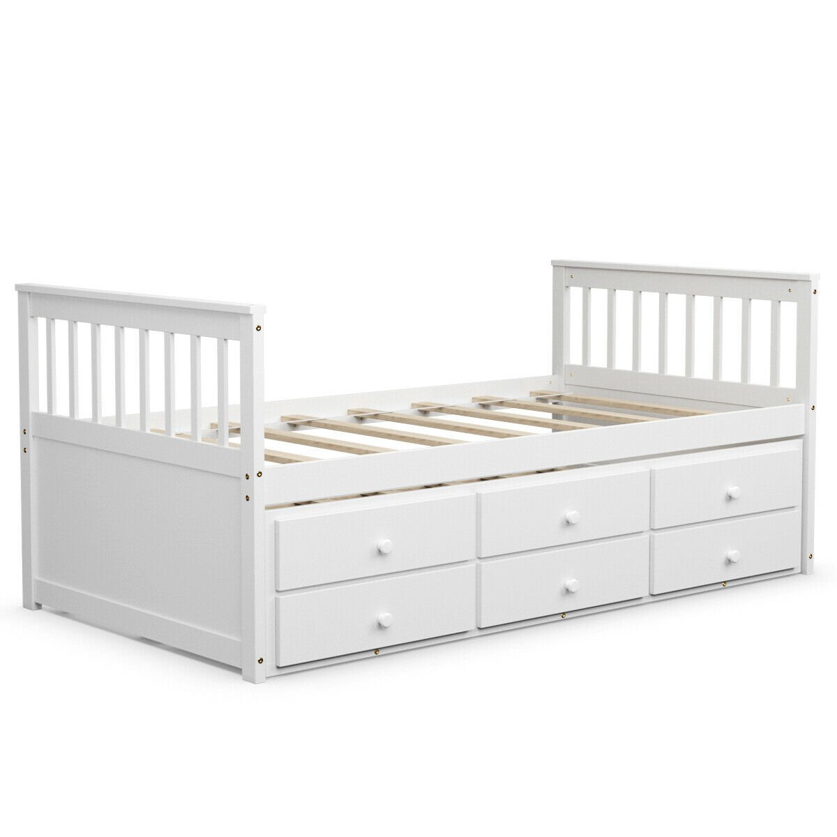 Wood Twin Captain’s Bed with Trundle and Three Storage Drawers for Kids or Guest Room White